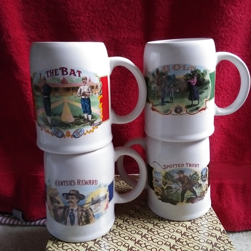 1987 Edition set of 4 ceramic mugs Golf, Fish, Baseball & Hunt